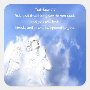 Prayer. Matthew 7:7 Skriptverse med Angel Himlar Fyrkantigt Klistermärke