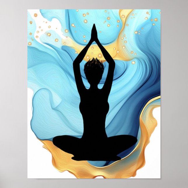 Prayer Pose Yoga-kvinna Blue Guld kort hair swirl Poster (Framsidan)