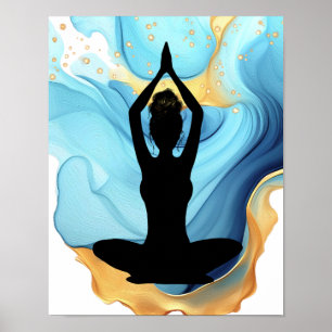 Prayer Pose Yoga-kvinna Blue Guld-soja bun blå Poster