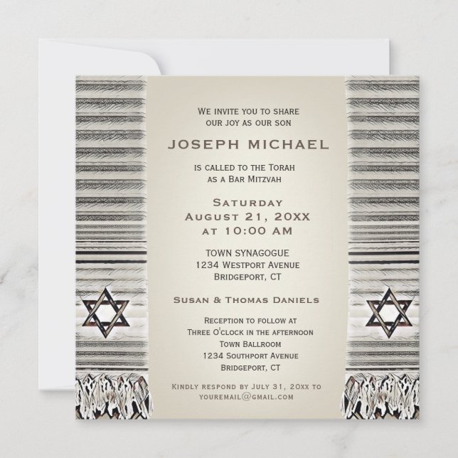 Prayer Shawl Tan Pub Mitzvah Inbjudningar (Framsida)