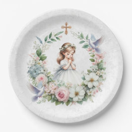 Praying Girl White Doves Blommigt First Communion