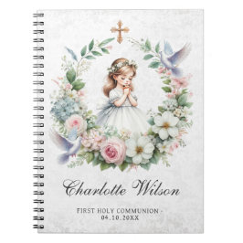 Praying Girl White Doves Blommigt First Communion Anteckningsbok