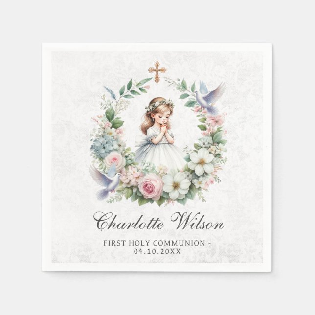 Praying Girl White Doves Blommigt First Communion Pappersservett (Framsidan)