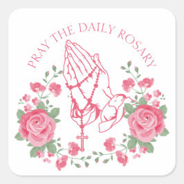 Praying Händer med Rosary och Rosa ros Square St. Fyrkantigt Klistermärke