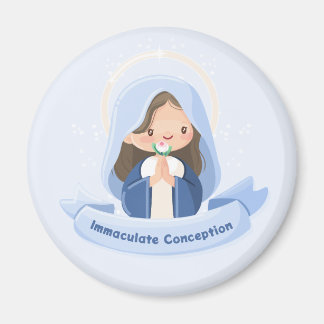 Praying Kawaii Virgin Mary with Flower Light Blue Magnet