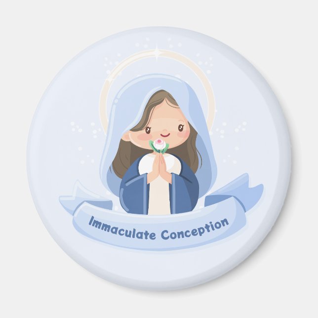 Praying Kawaii Virgin Mary with Flower Light Blue Magnet (Framsidan)