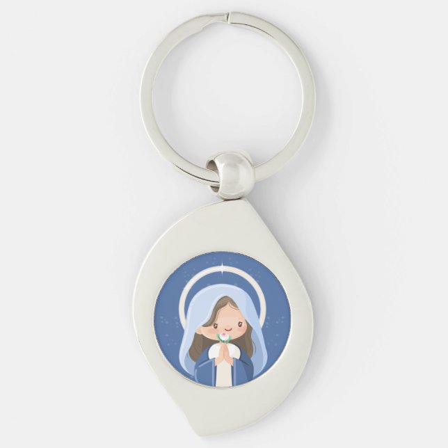 Praying Kawaii Virgin Mary with Flower - Navy Swirl Silverfärgad Nyckelring (Framsidan)