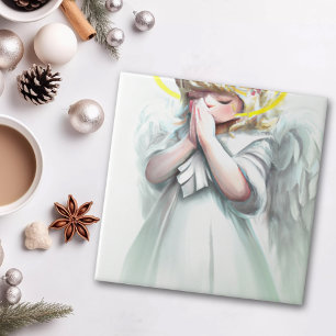 Praying Little Girl Angel med Vingar Kakelplatta