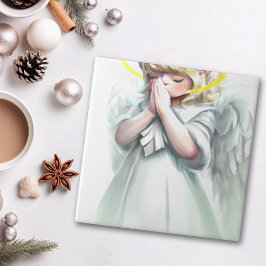 Praying Little Girl Angel med Vingar Kakelplatta