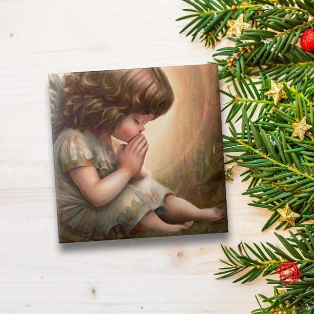 Praying Little Girl Angel Radiant Light Halo Kakelplatta (Skapare uppladdad)