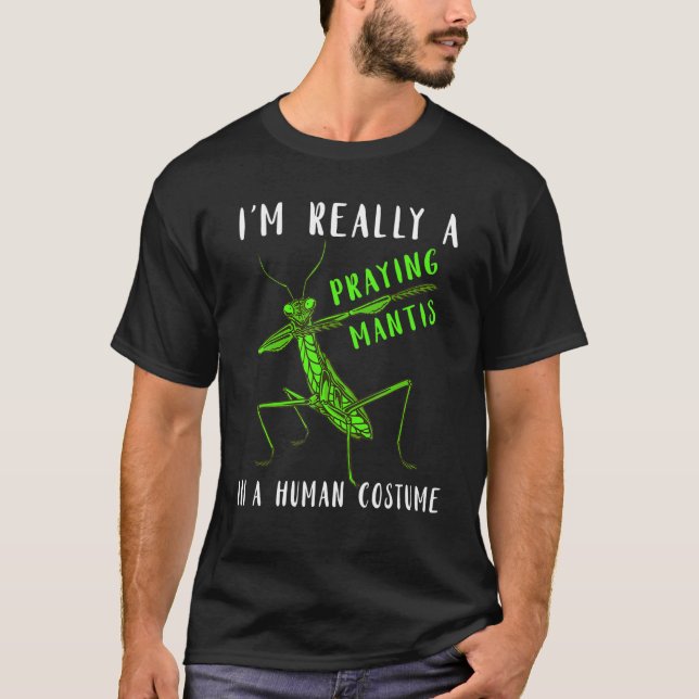 Praying Mantis in Human Costume Grönt Insekt T Shirt (Framsida)