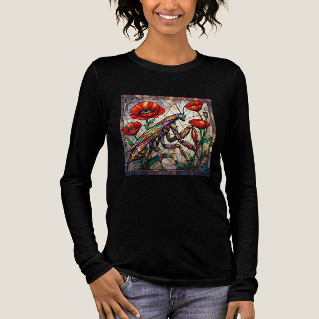 Praying mantis stained glass vibrant poppy flower  t shirt (Framsida)