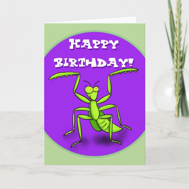 Praying mantis tecknad-födelsedagskort. kort (Framsida)