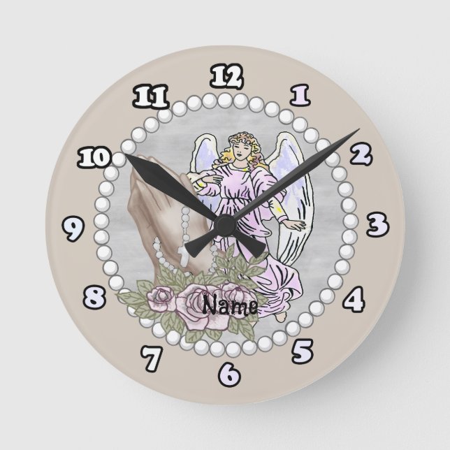 Praying Rosary Angel Clock Rund Klocka (Framsida)