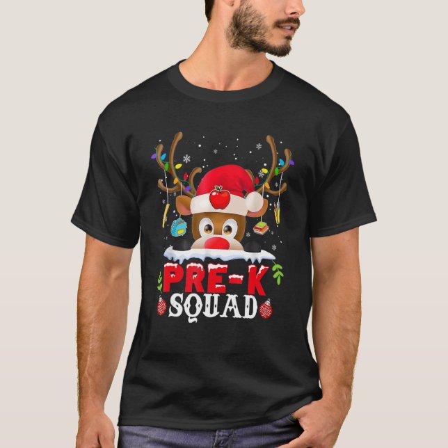 Pre K Squad Plaid Reindeer Santa Hat Teacher Chris T Shirt (Framsida)