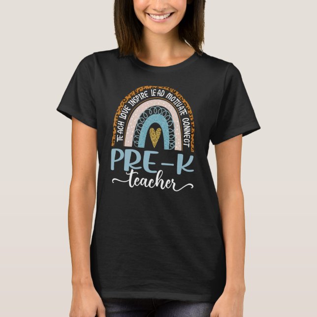 Pre K Teacher Leopard Boho Rainbow Back to school T Shirt (Framsida)