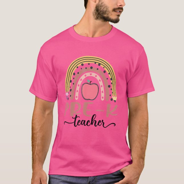 Pre K Teacher Leopard Boho Rainbow Back to school T Shirt (Framsida)