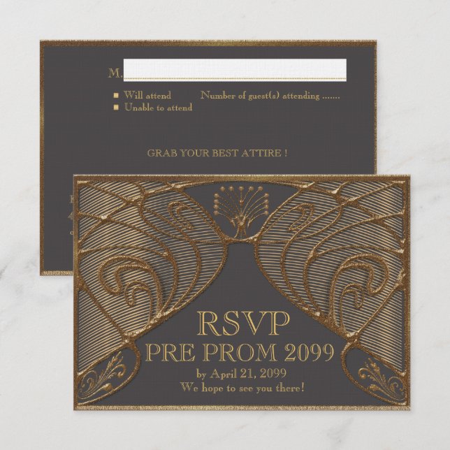 PRE STUDENTBALOSA, underbara Gatsby, guld på grå Inbjudningar (Fram/baksida)