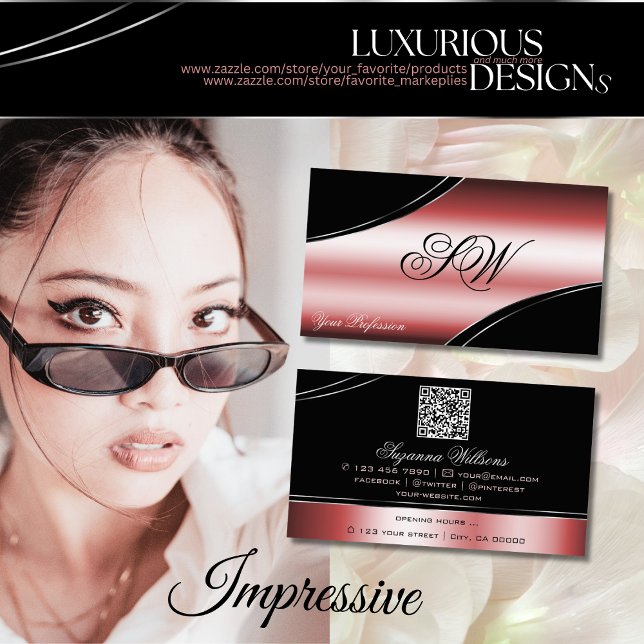 Precious Black Red Curved Linjer Monogram QR-kod Visitkort (Skapare uppladdad)