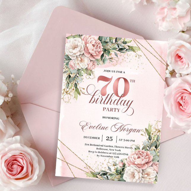 Precious Light Pink Bohemian Floral 70th Birthday  Inbjudningar (Precious Light Pink Bohemian Floral 70th Birthday Invitation)