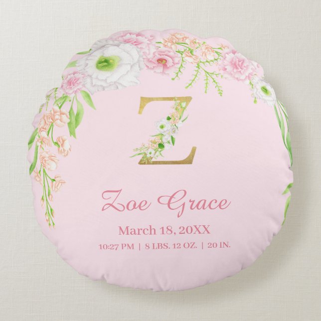Precious Pink Gold Monogram "Z" Baby Girl Stats Rund Kudde (Framsidan)