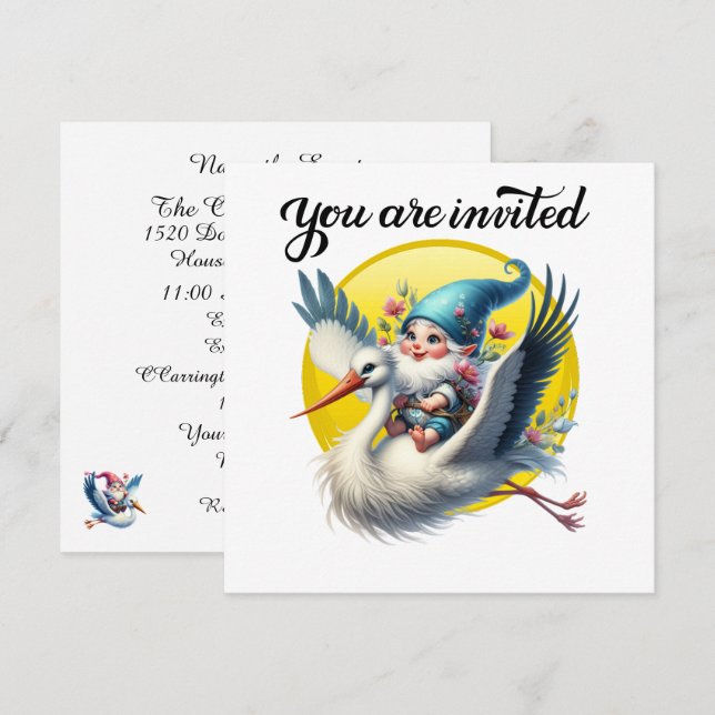 Precious Stork och Gnome Inbjudningar (Fram/baksida)