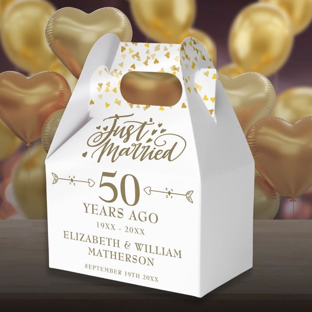 Precis Gift 50-års Gyllene Bröllopsdag Presentaskar (Just Married 50th Golden Wedding Anniversary Favor Boxes)