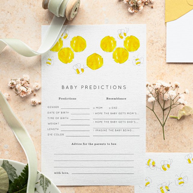Predikationer för babyskor i Baby (Yellow watercolor bees and honeycomb Baby Shower baby predictions game sheets.)