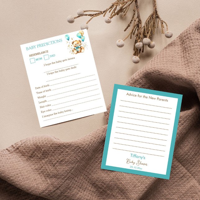 Preditions-råd för babyduschen baby i nalle (Teddy bear baby shower Baby predictions and advice card bearly wait cute teddy aqua blue brown games)