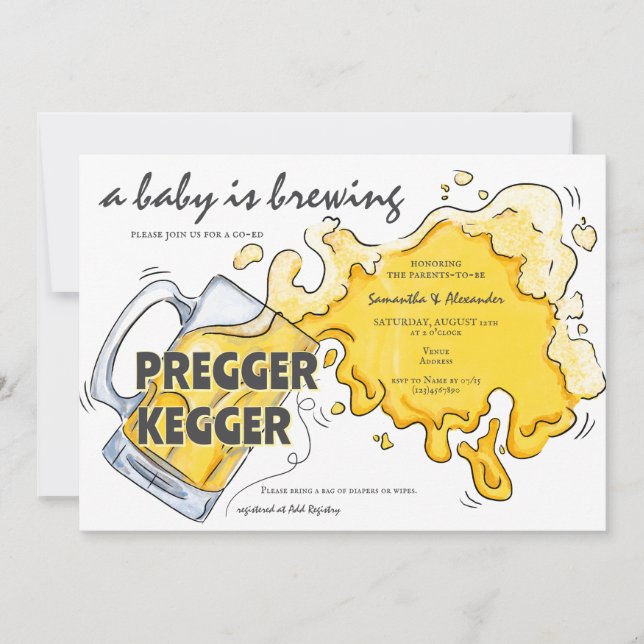 Pregger Kegger Watercolor Beer Co-ED Baby Shower Inbjudningar (Framsida)