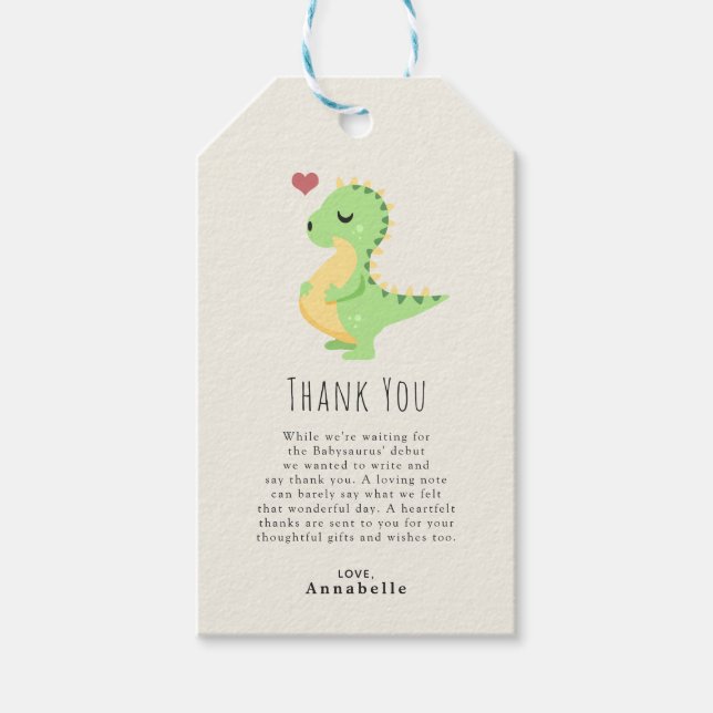 Preggosaurus Cute Dinosaur Baby Shower Tack Presentetikett (Framsidan)