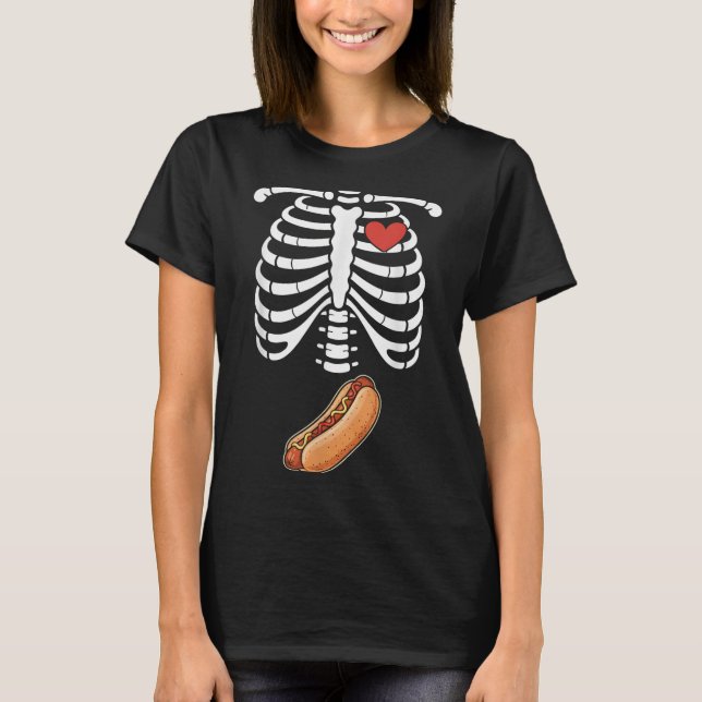 Pregnancy Skeleton Hotdog Belly Bump Rib Cage Hall T Shirt (Framsida)