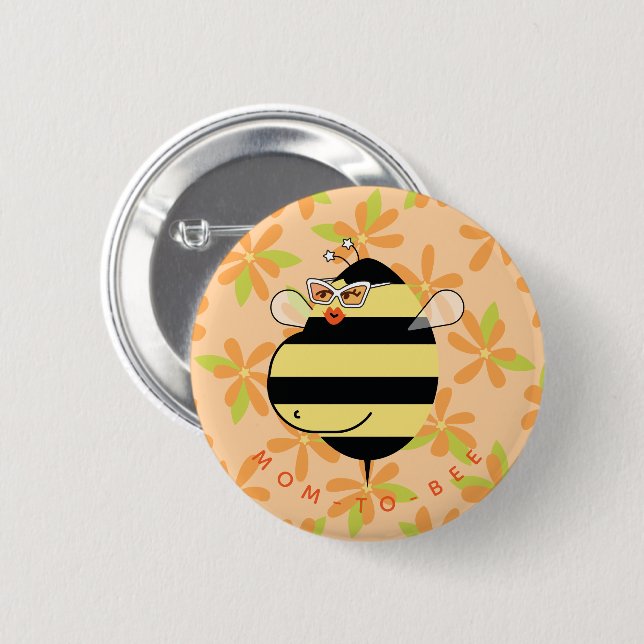Pregnant Mom-to-Bee with Glasses Orange Floral  Knapp (Framsida & baksida)