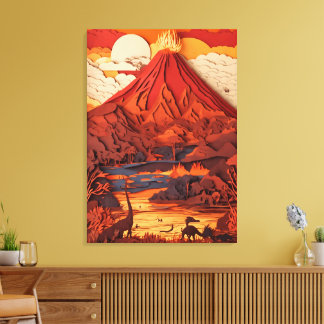 Prehistoric Volcanic Landscape in Paper Cut Art Canvastryck