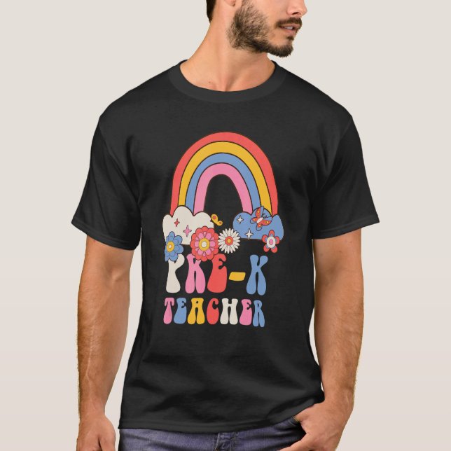 Prek Teacher School Retro Groovy Blommigt Rainbow T Shirt (Framsida)