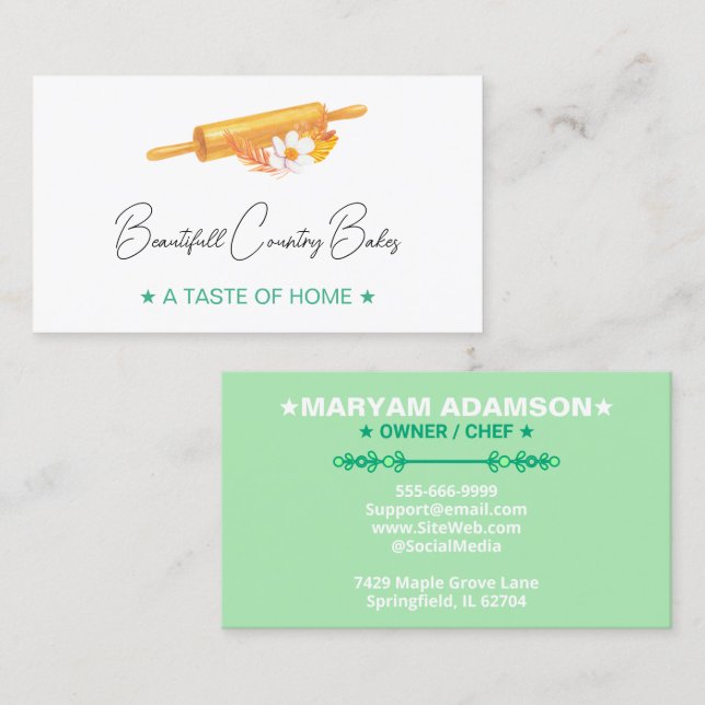 Premade Rolling Pin Logo | White Mint Green Bakery Visitkort (Fram/baksida)