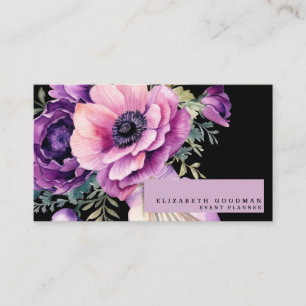 Premier Rosa Lila Blommigt Black Affärskort Visitkort
