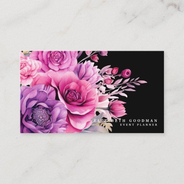 Premier Rosa Lila Blommigt Black Affärskort Visitkort (Framsida)