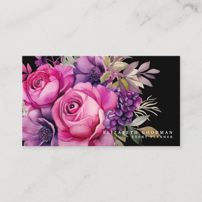 Premier Rosa Lila Blommigt Black Affärskort Visitkort (Framsida)
