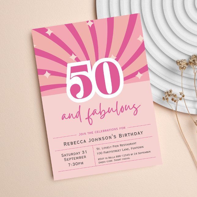 Premium 50:e födelsedag - rosa inbjudningar (50th Birthday Invitation, 50 and fabulous retro pink fifty party fun bright colorful)
