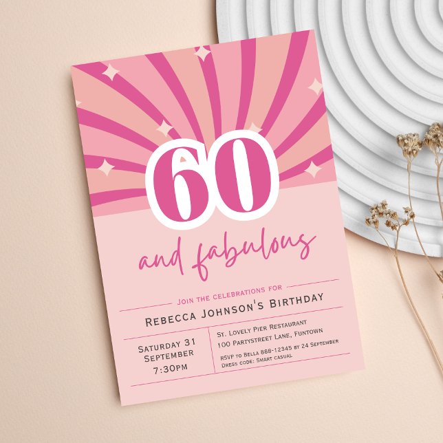 Premium 60:e födelsedag - rosa - retro inbjudningar (60th birthday Invitation 60 and fabulous retro pink sixty party)