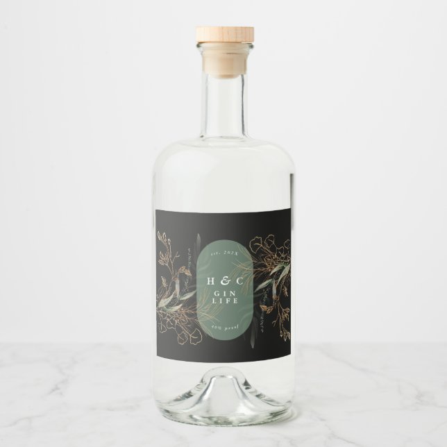 Premium Abstrakt Black Modern Eucalyptus Oval Gin Spritflaskor Etikett (Framsida)