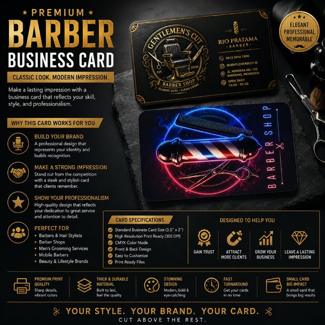 Premium Affärskort för Barberare | Neon Glöd  Visitkort (Skapare uppladdad)