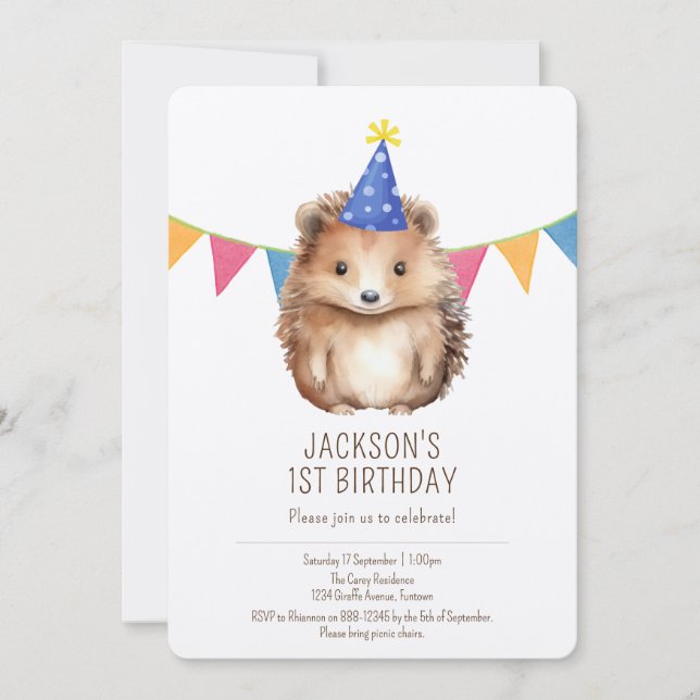 Premium barns födelsedag inbjudan, söt Hedgehog Inbjudningar (Framsida)