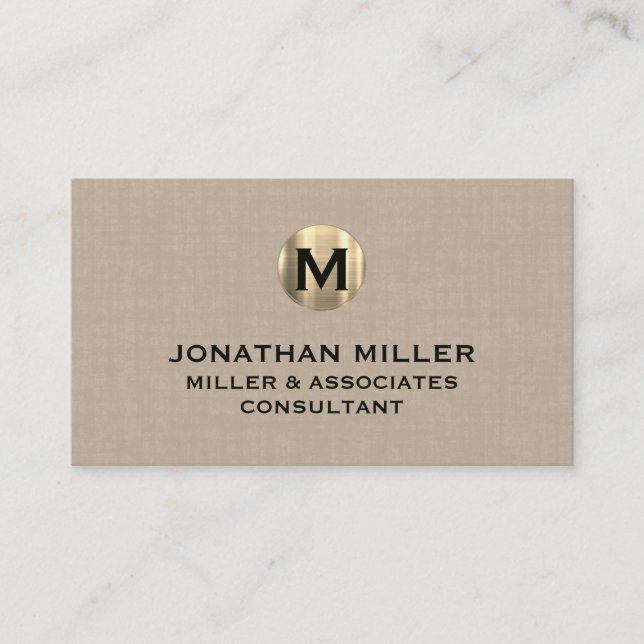 Premium Beige Linen Guld Monogram Visitkort (Framsida)