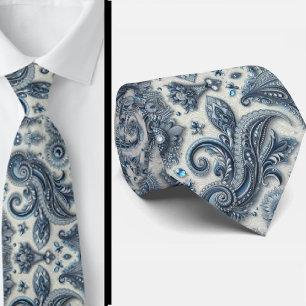 Premium blå och vit diamant paisley halsduk slips