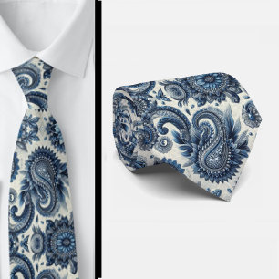 Premium blå och vit diamant paisley halsduk slips