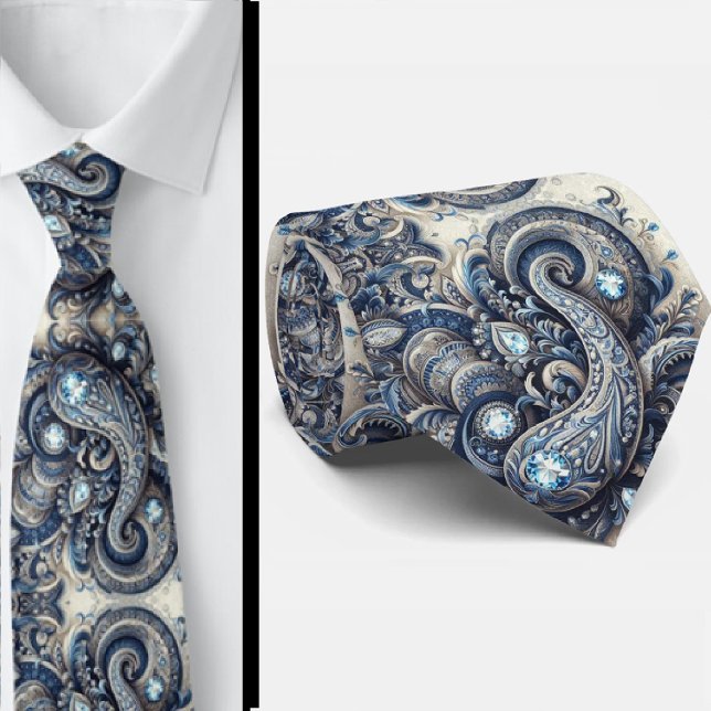 Premium Blå och Vit Diamant Paisley Halsduk Slips (Skapare uppladdad)