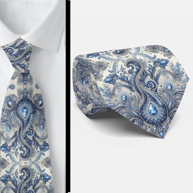 Premium blå och vit diamant paisley halsduk slips (Skapare uppladdad)