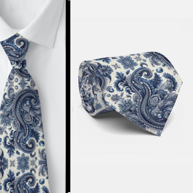 Premium Blå och Vit Diamant Paisley Nacke Band Slips (Skapare uppladdad)